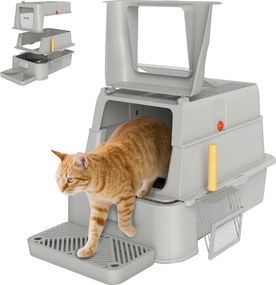 Caixa de Areia para Gatos de Aço Inoxidável XL com Tampa Articulada 180° Laterais Altas Pedal Pá 63x43x43 cm Cinza Claro