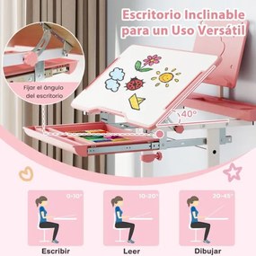Conjunto de secretária e cadeira para crianças com altura ajustável, tampo inclinável, porta-copos, gaveta e cadeira ergonómica rosa