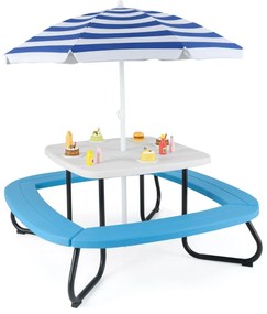 Mesa de atividades jardim crianças com guarda-sol ajustável e dobrável, 4 bancos incorporados até 8 crianças, 125 × 125 × 100-160 cm branca