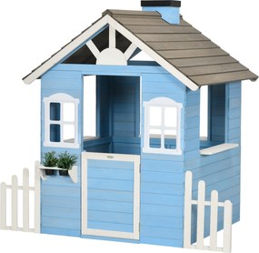 Outsunny Casa de Madeira de Jardim para Crianças de 3-7 Anos com Porta Janelas Vasos e Cercas Laterais 151x112,5x142 cm Azul | Aosom Portugal