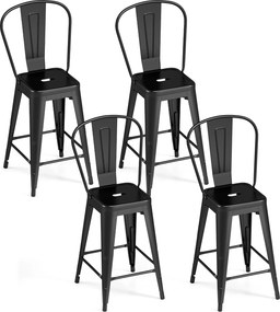 Conjunto de 4 Bancos de Bar com Encosto Alto, 45,5 x 44,5 x 103 cm, Estrutura Metálica Robusta, Preto