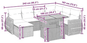 8 pcs conjunto de sofás p/ jardim com almofadões vime PE bege