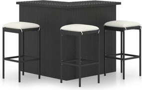 vidaXL 4 pcs conjunto de bar p/ jardim com almofadões vime PE preto