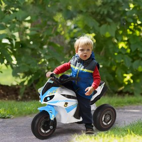 Andador  para crianças com tema de moto de corrida, efeitos sonoros e luminosos, porta-bagagens, azul e branco