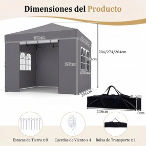 Tenda Dobrável para Exterior, 300 x 300 x 284 cm, Paredes Laterais Removíveis, Cinzento