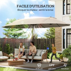 Guarda-sol duplo retangular de jardim, 4,6 m x 2,7 m x 2,4 m, com manivela para abrir e fechar, lona de 180 g/m², cor cáqui