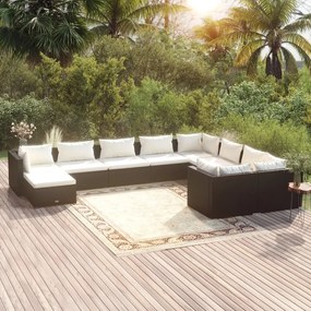 vidaXL 10 pcs conjunto lounge de jardim c/ almofadões vime PE preto