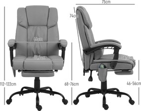 Cadeira de escritório com função de massagem, apoio para os pés, altura ajustável, encosto reclinável, comando com fio e rotação de 360° cinzento
