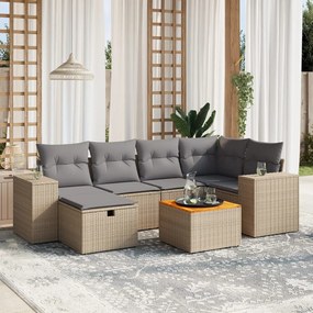 7 pcs conj. sofás jardim c/ almofadões vime PE bege misturado