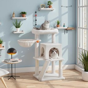 Arranhador para gatos com grande plataforma com caverna e cesto suspenso 48,1 x 48,1 x 96,1 cm branco