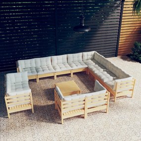 vidaXL 13 pcs conjunto lounge jardim c/ almofadões creme pinho maciço