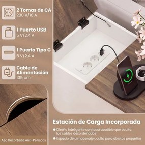 Conjunto de 2 mesas cabeçeira, mesas apoio 35 x 60 x 62 cm com estação de carregamento e armazenamento, gaveta, estante ajustável e bandeja removível,