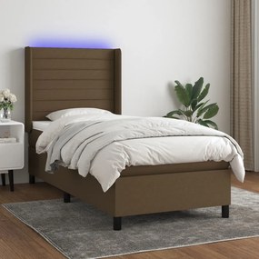 Cama box spring c/ colchão/LED 90x190 cm tecido castanho-escuro