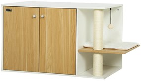 PawHut Móvel Caixa de Areia para Gatos 3 em 1 para Gatos com Poste para Arranhar e Centro de Jogos 94x48x50,5 cm Carvalho e Branco