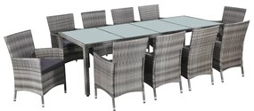 vidaXL 11 pcs conjunto jantar exterior c/ almofadões vime PE cinzento