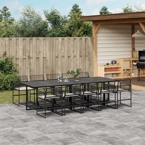 vidaXL 11 pcs conjunto de jantar p/ jardim c/ almofadões vime PE preto