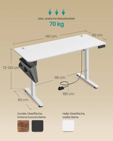 Secretária eletrica com altura ajustável  60 x 140 x (72-120) cm Branco 
