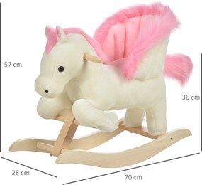 Cavalo de baloiço com função musical, sela de grande conforto, pelúcia curta e macia para crianças dos 18 aos 36 meses, em madeira de álamo, branco e
