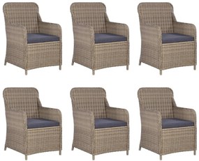 7 pcs conjunto jantar exterior com almofadões vime PE castanho