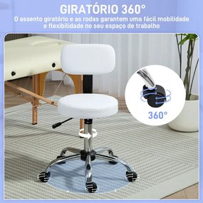 Banco Giratório com Rodas e Encosto Banco de Trabalho com Altura Ajustável 78-93 cm Estofado em Couro Sintético Branco
