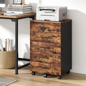 Bloco de gavetas para escritório com rodas, 5 gavetas 40 x 42 x 65,7 cm, corrediças sem parafusos, castanho vintage
