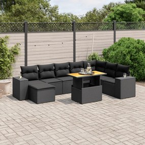 9 pcs conjunto de sofás p/ jardim c/ almofadões vime PE preto