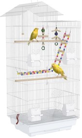 Gaiola para Passáros de Metal com Portas 4 Comedouros 3 Poleiros Baloiço Escadas e Bandeja Removível  46x36x100 cm Branco