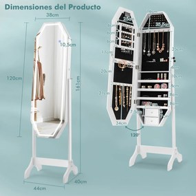 Caixa de Jóias com Espelho de Corpo Completo LED 3 em 1 Caixa de Jóias com Interruptor de Toque Organizador de Jóias 44 x 40 x 161 cm Branco