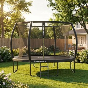 Trampolim de 366 cm de diâmetro, de jardim para crianças com rede de segurança, barras curvas com 180 cm de altura, cobertura de borda, escada, estrut