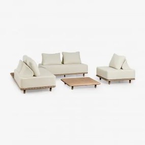 Conjunto De Jardim Com Sofá De Canto Modular De 2 Peças Com Mesa Lateral, Poltrona E Mesa De Centro Em Madeira De Acácia Portet Gardénia Branco -