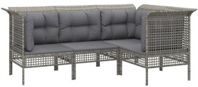 4 pcs conjunto lounge de jardim c/ almofadões vime PE cinzento