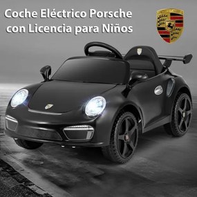 Carro elétrico para crianças de 12 V Porsche licenciado com comando à distância, música, luzes LED, buzina, arranque suave, Preto