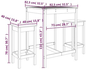 3 pcs conjunto de bar para jardim pinho maciço preto