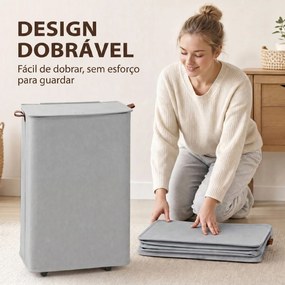 Cesto de Roupa Suja com Tampa e Rodas, 50L, Dobrável com Saco com Cordão Removível, 40x30x65 cm, Cinzento