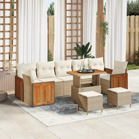 Conjunto de Sofá de Jardim com 10 Peças e Almofadas Bege Polyrattan Acácia