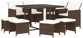 9 pcs conjunto jantar p/ jardim c/ almofadões vime PE castanho