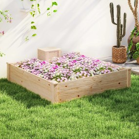 Floreira de madeira quadrada para horta exterior com caixote de compostagem de design e fundo aberto, 123 x 123 x 25,5 cm, madeira natural