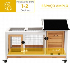 Coelheira de Madeira com Rodas para 1-2 Coelhos com Teto Abatível Bandeja Amovível 108x58x73,5 cm Madeira e Branco
