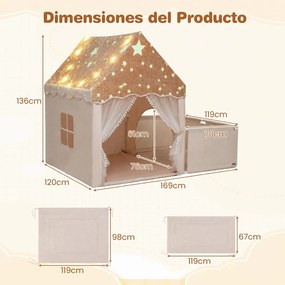 Casa de Jogos Infantil 2 em 1, 169 x 120 x 136 cm, Luzes Estreladas, Bege