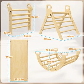 Triângulo de escalada 185 C x 66 L x 71 A cm infantil 5 em 1 com rampa de escalada reversível e balancé madeira natural