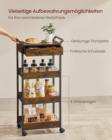 Carrinho de cozinha com 4 prateleiras e rodas 30 x 46,2 x 96,1 cm Castanho vintage + Preto