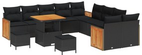 Conjunto de Sofá de Jardim vidaXL 13 Peças com Almofadas Preto Vime PE