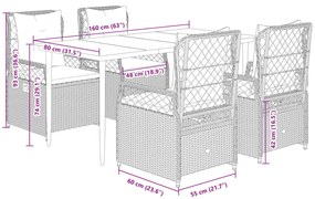 5 pcs conjunto de jantar p/ jardim c/ almofadões vime PE cinza