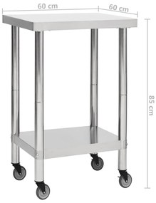 Mesa de trabalho de cozinha com rodas aço inoxidável 60x60x85