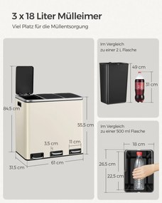 Caixote Lixo com Sistema de separação de resíduos 3 compartimentos 3 x 18 L com tampa bege