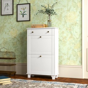 HOMCOM Sapateira Branca Móvel Sapateira Estreita com 2 Portas e 1 Gaveta para 8 Pares de Sapatos para Entrada Corredor 60x23,5x98,5 cm Branco