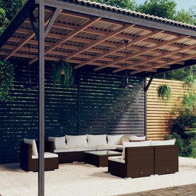 vidaXL 9 pcs conjunto lounge jardim c/ almofadões vime PE castanho
