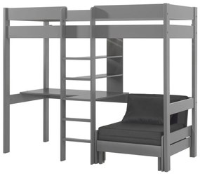 Cama alta de Criança PINO 90 x 200 cm + estrado + escada + secretária + 3 prateleiras + sofá-cama Cinzenta