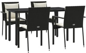 5 pcs conjunto de jantar p/ jardim c/ almofadões vime PE preto