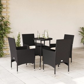 vidaXL 5 pcs conjunto jantar jardim c/ almofadões vime PE/vidro preto